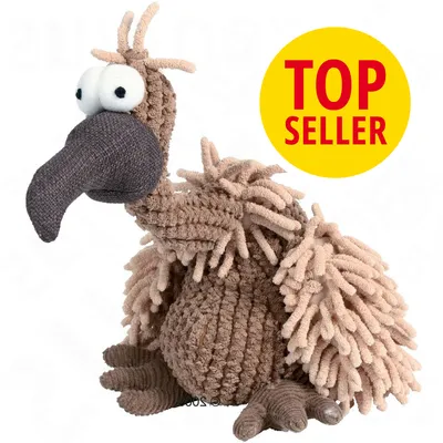 Plyšová hračka pro psy ve tvaru ptáka z textilu, hnědá a béžová barva. Žlutý kruh s červeným nápisem TOP SELLER.