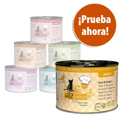 Latas de comida húmeda para gatos catz finefood Ragout en varios sabores. Texto visible: '¡Prueba ahora!'. Lata frontal sabor pato y canguro, sin cereales ni azúcar añadido.