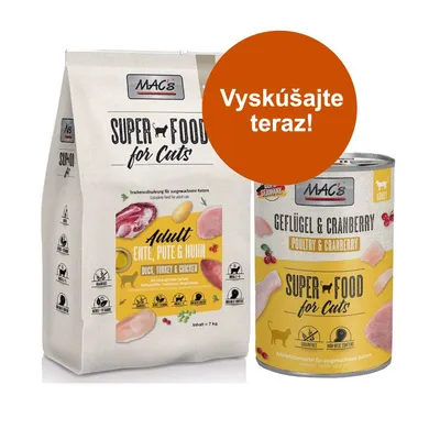 MAC's kombi balenie: 12 x 400 g mokré krmivo + 2 x 1,5 kg Superfood granule - 12 x 400 g losos a kuracie + 2 x 1,5 kg Adult kačacie, morčacie a kuracie