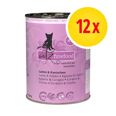 catz finefood Lamm & Kaninchen, naturligt gut mmmmiau, 12 x. Tekst: High Premium, Grain Free, no added sugar, no animal testing, 93 % meat, Lamb & Rabbit på flere sprog. catz finefood Lamm & Kaninchen, naturligt gut mmmmiau, 12 x. Tekst: High Premium, Grain Free, no added sugar, no animal testing, 93 % meat, Lamb & Rabbit på flere sprog.
