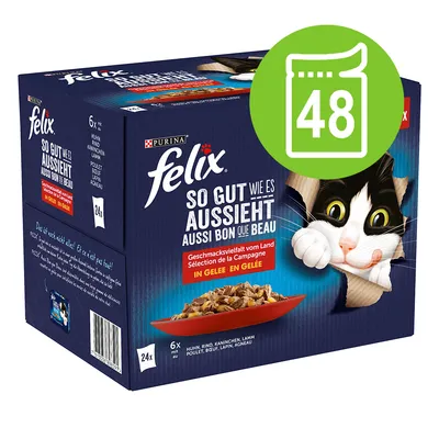 Balení Felix So gut wie es aussieht, výběr z venkova v želé, 48 porcí. Na obalu obrázek kočky a misky s krmivem. Text v němčině a francouzštině.