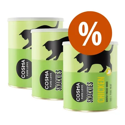 Cosma Pure Love Snackies Chicken macskaeledel csomag, zöld dobozok, narancssárga százalékjel akciós ajánlatot jelezve Cosma Pure Love Snackies Chicken macskaeledel csomag, zöld dobozok, narancssárga százalékjel akciós ajánlatot jelezve