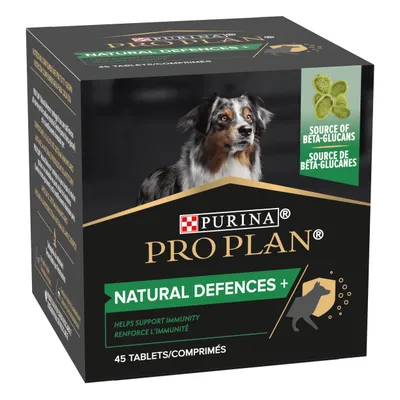 Purina Pro Plan Natural Defences+ 45 tablets box, shows dog image, 'Source of beta-glucans', 'Helps support immunity', green and gold packaging, visible English and French text.