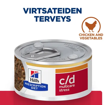 Hill's Prescription Diet c/d multicare stress -märkäruokapurkki, teksti: virtsateiden terveys, chicken and vegetables, kana ja vihannekset kuvakkeella