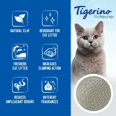 Tigerino Refresher, natural clay deodorant voor kattenbakvulling. Freshens cat litter, increases clumping action, reduces unpleasant odours, different fragrances. Tekst in het Engels.