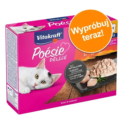Opakowanie Vitakraft Poésie Délice, widoczny biały kot, kawałki mięsa na talerzu, napis: Wypróbuj teraz! oraz Mit natürlichen Fleischstückchen / With natural pieces of meat.