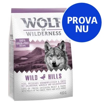 Wolf of Wilderness Wild Hills, 100 % grain-free recipe, lots of fresh chicken meat & duck, 400 g. Blå cirkel med texten PROVA NU.