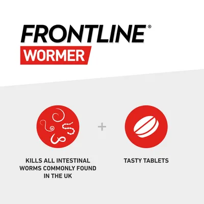 Frontline Wormer kills all intestinal worms commonly found in the UK and is available as tasty tablets.
