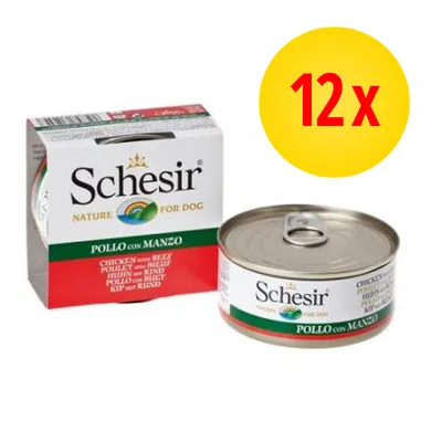 Schesir Nature for Dog, pollo con manzo, confezione da 12 lattine. Testo visibile: 'CHICKEN with BEEF', 'POLLO con MANZO'. Immagine di scatola e lattina.