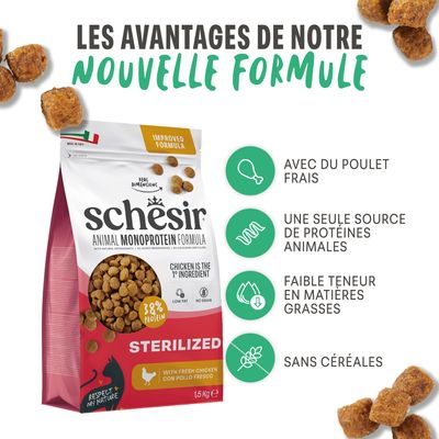 Schesir Animal Monoprotein Formula Sterilisé, avantages : avec du poulet frais, une seule source de protéine, faible teneur en matières grasses, sans céréales. 38 % de protéine, 1,5 kg.
