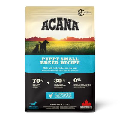 ACANA Puppy Small Breed Recipe, 70% składników pochodzenia zwierzęcego, 30% warzyw i owoców, 0% sztucznych dodatków, główny składnik świeży kurczak, wyprodukowana w Kanadzie, bez zbóż.