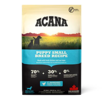 ACANA Puppy Small Breed Recipe, 70% składników pochodzenia zwierzęcego, 30% warzyw i owoców, 0% sztucznych dodatków, główny składnik świeży kurczak, wyprodukowana w Kanadzie, bez zbóż.