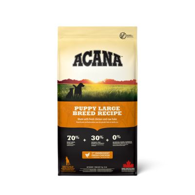 ACANA Puppy Large Breed Recipe. Wyprodukowana ze świeżym kurczakiem i surowym morszczukiem. 70% składników pochodzenia zwierzęcego, 30% warzyw, 0% sztucznych dodatków. Pierwszy składnik: świeży kurczak.