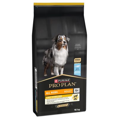Nuovo pacco da 16 kg Purina Pro Plan All Sizes Adult Light/Sterilised, finora 14 kg. Stessa ricetta, nuovo formato più grande.