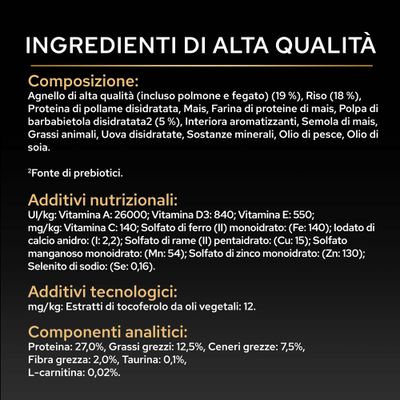 Componenti: agnello, riso, proteine di pollame, mais, polpa di barbabietola, grassi animali, uova, minerali, olio di pesce, olio di soia. Nutrienti: proteine 27%, grassi 12,5%, taurina 0,1%, L-carnitina 0,02%.