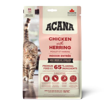ACANA Chicken with Herring Indoor Entrée, Adult Indoor Cat Sterilized, karma premium z 65% składników pochodzenia zwierzęcego, pełnoporcjowa karma dla dorosłych kotów, worek, 340 g.