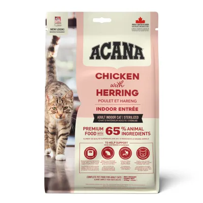 ACANA Chicken with Herring Indoor Entrée, Adult Indoor Cat Sterilized, premium food met 65% dierlijke ingrediënten, volledige voeding voor volwassen katten, 340 g zak.