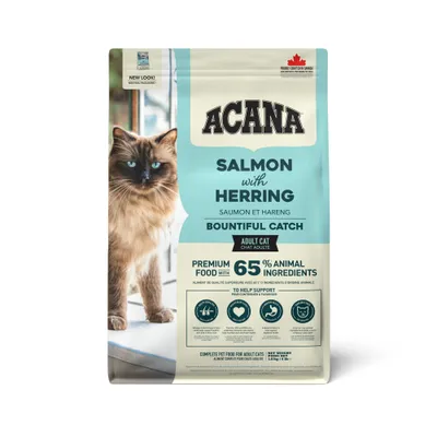ACANA Zalm met Haring Bountiful Catch Adult Kat, premium food met 65% dierlijke ingrediënten, compleetvoer voor volwassen katten, geproduceerd in Canada. ACANA Zalm met Haring Bountiful Catch Adult Kat, premium food met 65% dierlijke ingrediënten, compleetvoer voor volwassen katten, geproduceerd in Canada.