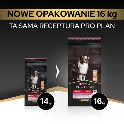 Purina Pro Plan Medium Adult Sensitive Skin, nowe opakowanie 16 kg zamiast 14 kg, ta sama receptura. Purina Pro Plan Medium Adult Sensitive Skin, nowe opakowanie 16 kg zamiast 14 kg, ta sama receptura.