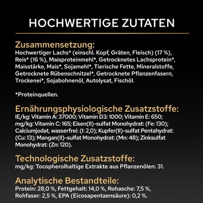 Zusammensetzung: Lachs, Reis, Maisproteinmehl, getrocknetes Lachsprotein, Maisstärke, Sojamehl, tierische Fette, Mineralstoffe. Analytische Bestandteile: Protein 28%, Fett 14%.
