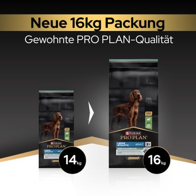 Neue 16kg Packung, gewohnte PRO PLAN-Qualität. Produktabbildung zeigt Umstellung von 14kg auf 16kg Beutel.