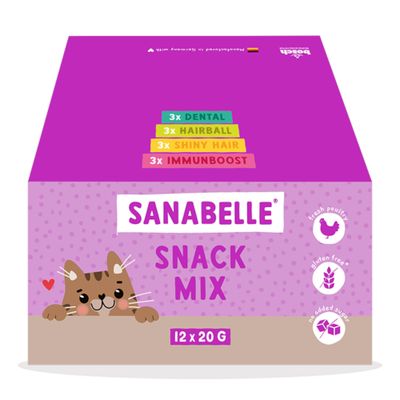 Sanabelle Snack Mix, 12 x 20 g. Innehåller 3x Dental, 3x Hairball, 3x Shiny Hair, 3x Immunboost. Färsk fågel, glutenfri, inget tillsatt socker.
