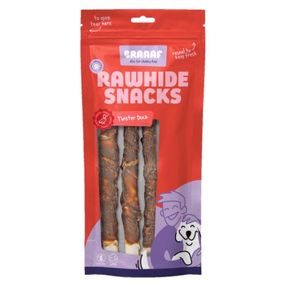 Braaf Rawhide Snacks Twister Duck. Visszazárható csomagolás, rágni szerető kutyáknak alkalmas.