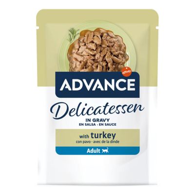 ADVANCE Delicatessen em molho com atum, 85 g, para gatos adultos. A imagem do produto mostra pedaços em molho.