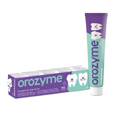 Orozyme Oral Hygiene Gel, 70 g Tube mit blauer Fingerbürste und Applikator. Für die Zahnpflege von Hunden und Katzen.