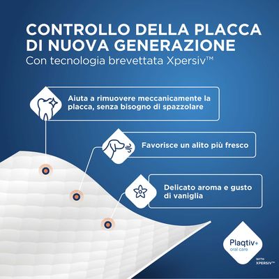 Plaqitv+ oral care con tecnologia Xpersiv. Rimuove meccanicamente la placca senza spazzolare, garantisce un alito più fresco e un aroma di vaniglia.
