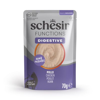 Schesir Functions Hairball, High Fiber, Silky Mousse, kyckling med kycklinglever, 70 g. Med vitaminer, aminosyror och mineraler, utan spannmål, färgämnen eller konserveringsmedel.