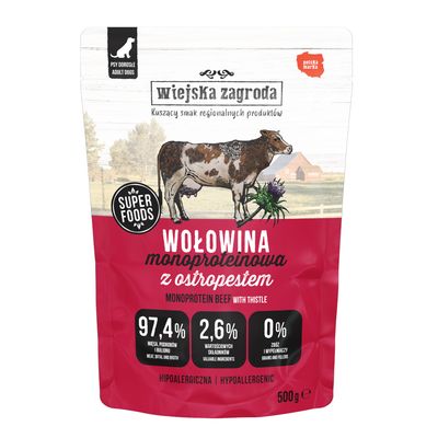 wiejksa zagroda Wołowina monoproteinowa z ostropestem, Super Foods, 97,4% Fleisch, Innereien und Brühe, 2,6% wertvolle Zutaten, 0% Getreide und Füllstoffe, hypoallergen, 500g