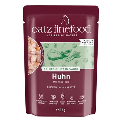 catz finefood Csirke & Pulyka, finom filé szószban, Németországban készült, 85 g, Természetes zsákmánykoncepció, Állatorvosokkal fejlesztve, Gabonamentes, Tápláló olajok & zsírok, Hozzáadott cukor nélkül.