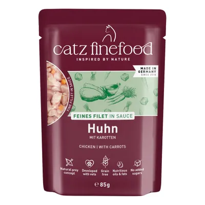 catz finefood Filetto pregiato in sauce, pollo con carote, Made in Germany, senza cereali, senza zuccheri aggiunti, bustina da 85 g, concetto di preda naturale, sviluppato con veterinari. catz finefood Filetto pregiato in sauce, pollo con carote, Made in Germany, senza cereali, senza zuccheri aggiunti, bustina da 85 g, concetto di preda naturale, sviluppato con veterinari.