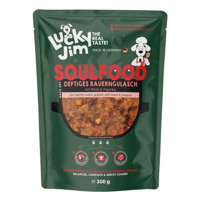 Lucky Jim Soulfood sappige kipcurry met kikkererwten en paprika, uitgebalanceerd, volwaardig, voorzichtig bereid, 300g, Made in Germany.