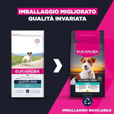 Confronto tra il vecchio e il nuovo design della confezione di Eukanuba Jack Russell Terrier adult, con indicazione del materiale d’imballaggio migliorato e riciclabile, mantenendo la stessa qualità.