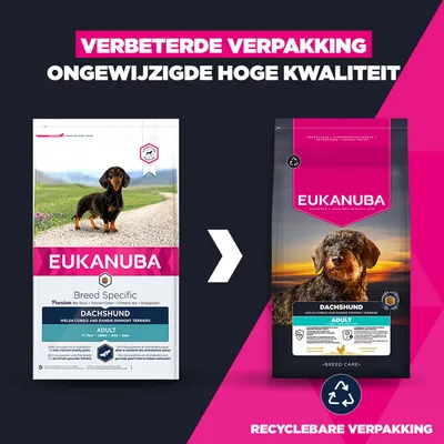 Vergelijking van de oude en nieuwe Eukanuba Dachshund Adult verpakking met een verwijzing naar de verbeterde, recyclebare verpakking en de ongewijzigde hoge kwaliteit. Vergelijking van de oude en nieuwe Eukanuba Dachshund Adult verpakking met een verwijzing naar de verbeterde, recyclebare verpakking en de ongewijzigde hoge kwaliteit.