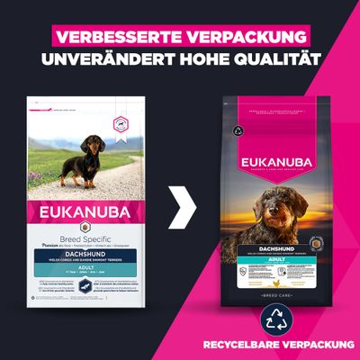 Eukanuba Dachshund Adult Trockenfutter: neue recycelbare Verpackung, unverändert hohe Qualität. Vergleich alte und neue Packung abgebildet.