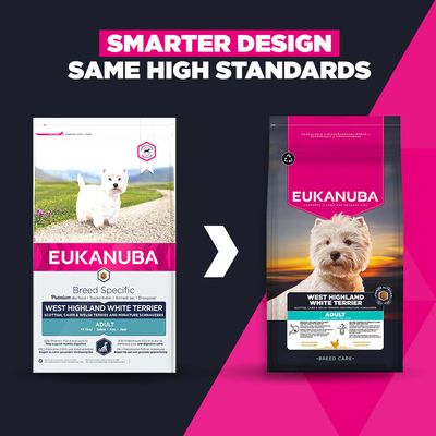 Eukanuba West Highland White Terrier Adult: Porovnanie starej a novej obalu, rovnaké štandardy, nový dizajn.