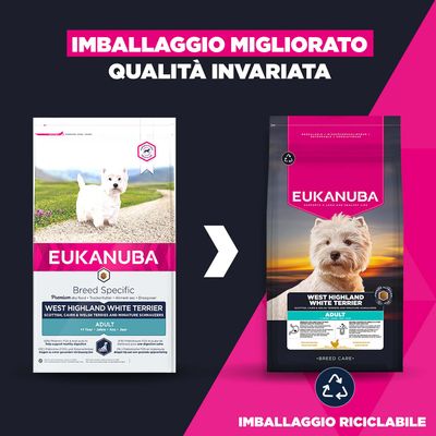 Eukanuba West Highland White Terrier adult. L'immagine mostra il vecchio e il nuovo design riciclabile della confezione con la nota: confezione migliorata, qualità invariata.