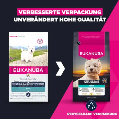 Eukanuba West Highland White Terrier Adult. Verbesserte, recycelbare Verpackung, unverändert hohe Qualität.