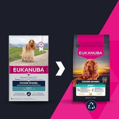 Eukanuba Cocker Spaniel Adult суха храна: Изображението показва промяна на опаковката от стар към нов дизайн с рециклиращ символ.