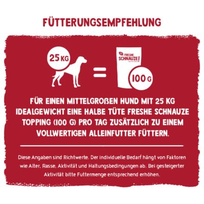 Fütterungsempfehlung: Für einen mittelgroßen Hund mit 25 kg Idealgewicht täglich eine halbe Tüte Freshe Schnauze Topping (100 g) zusätzlich zu Alleinfutter füttern.