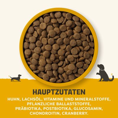 Hauptzutaten: Huhn, Lachsöl, Vitamine und Mineralstoffe, pflanzliche Ballaststoffe, Präbiotika, Postbiotika, Glucosamin, Chondroitin, Cranberry.