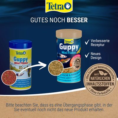 Tetra Guppy Mini Flakes mit verbesserter Rezeptur, neuem Design und natürlichen Inhaltsstoffen ohne Zusatz von Konservierungsstoffen oder Farbstoffen.