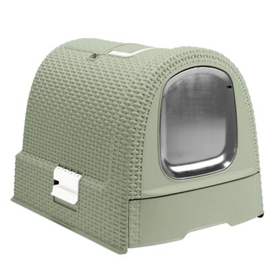 Toilette chiusa per gatti in plastica verde con superficie strutturata e sportello trasparente frontale.