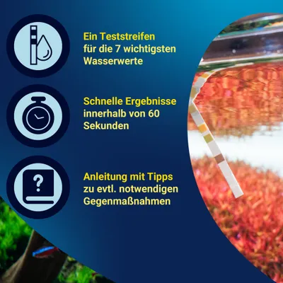 Teststreifen für 7 Wasserwerte, schnelle Ergebnisse in 60 Sekunden, Anleitung mit Tipps zu Gegenmaßnahmen. Teststreifen für 7 Wasserwerte, schnelle Ergebnisse in 60 Sekunden, Anleitung mit Tipps zu Gegenmaßnahmen.