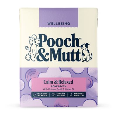Pooch & Mutt Calm & Relaxed Bone Broth with chicken broth and hemp oil. Supports hydration, relaxation, as well as skin and coat.