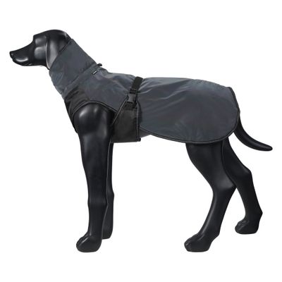 Cappotto nero per cani con protezione per collo e addome, cintura regolabile, presentato su una figura di cane nera.