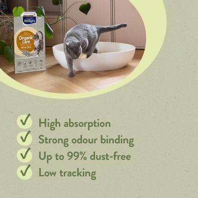 Biokat's Organic Care Cat Litter with Wheat Fibres, high absorbency, strong odour control, up to 99% dust-free, low tracking. Cat leaves the litter tray.